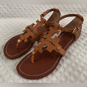 Tory Burch Phoebe Flat Thong Tumbled Leather Sandal Royal Tan Brown Size 6 30437